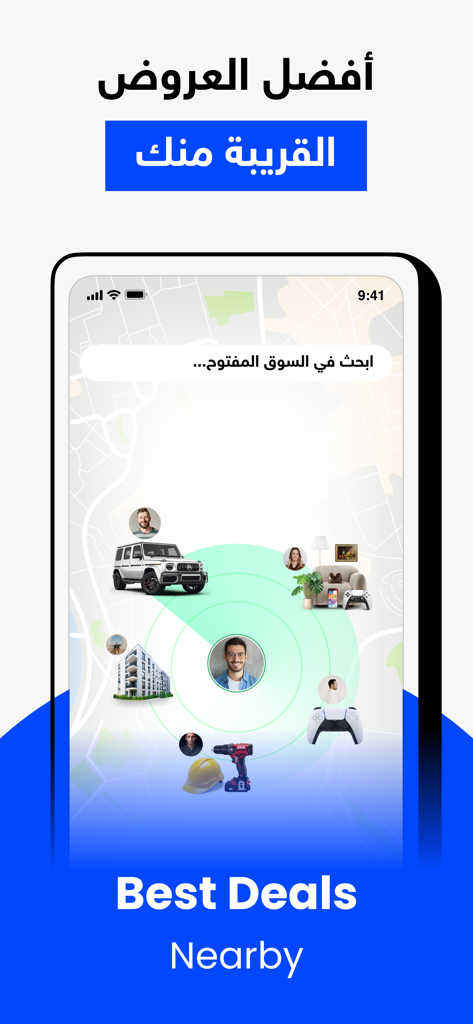 OpenSooq app interface showing the Best Deals Nearby feature with local listings for cars and real estate on a map