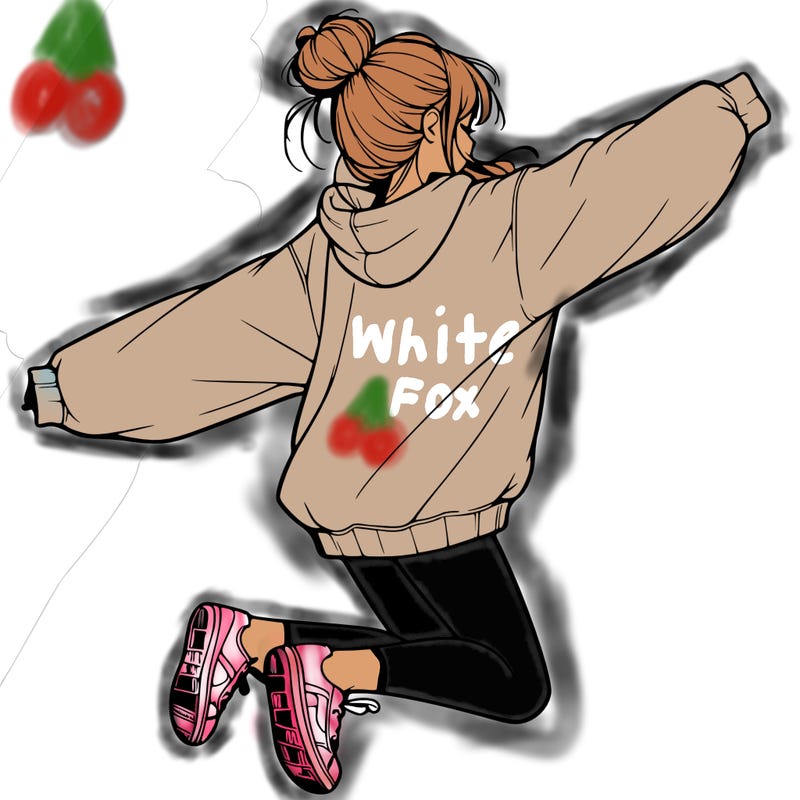 realistic girl jumping with a bun and oversized sweatshirt