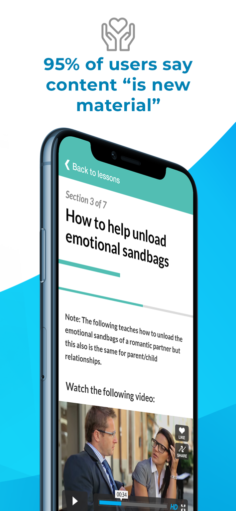 In Love while Parenting - Pantalla de la aplicación móvil que muestra una lección titulada Cómo ayudar a descargar sacos de arena emocionales con un tutorial en video para parejas.