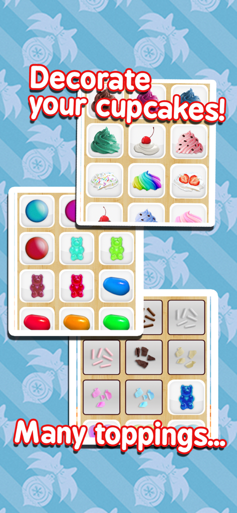 Cupcake Maker - Cooking Games! - Varios toppings para cupcakes, incluyendo glaseado colorido, ositos de goma y chispitas en una interfaz de juego de cocina