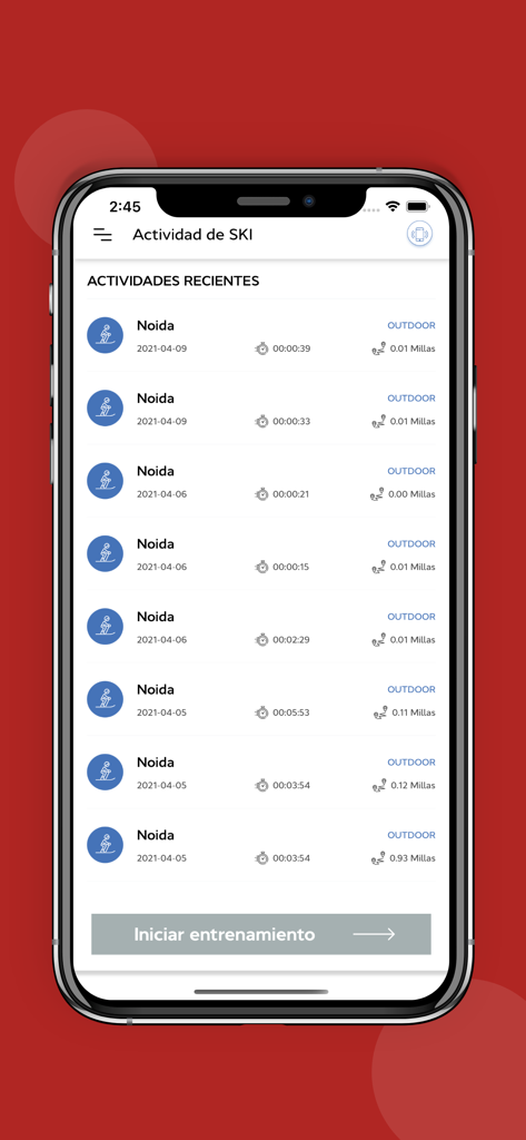 PRO SKI Sensor - Smartphone screen showing the PRO SKI Sensor app recent ski activities log with distance and duration data