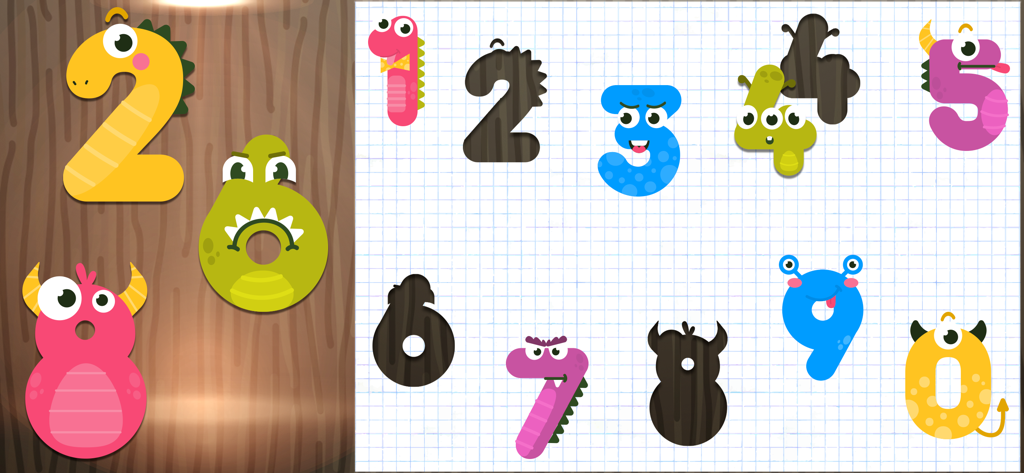 Fun Baby Puzzle Kindergarten - Educational number puzzle for children featuring colorful monsters in the shape of digits zero to nine
