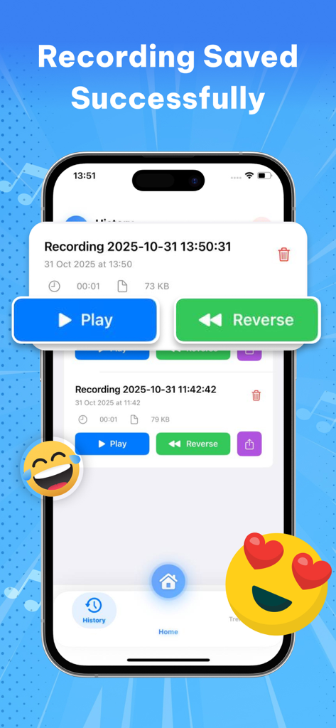 App history screen displaying saved audio recordings with options to play or reverse.