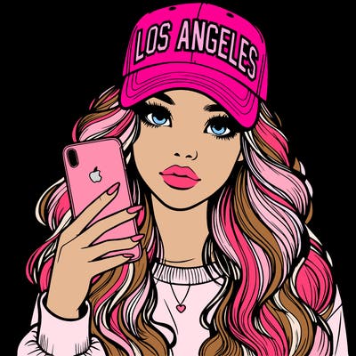 realistic beautiful girl wearing los ángeles cap holding an iphone