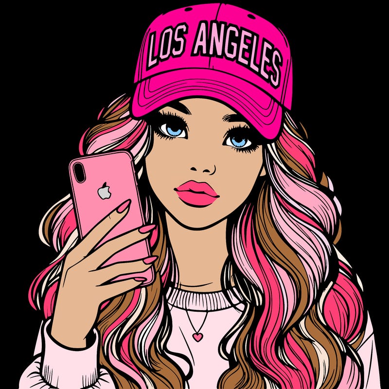 realistic beautiful girl wearing los ángeles cap holding an iphone