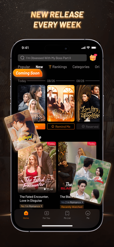 HoneyReels - Interface de l'application mobile HoneyReels présentant une bibliothèque de nouvelles séries dramatiques courtes hebdomadaires et des affiches de films.
