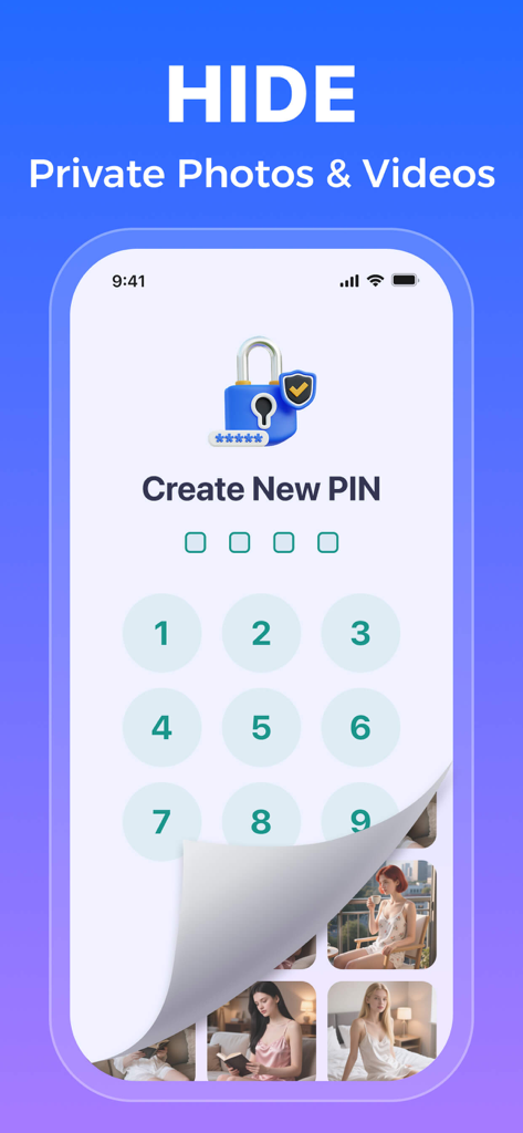 개인 사진 및 비디오를 숨기고 보호하기 위해 새 PIN을 만드는 모바일 앱 화면.