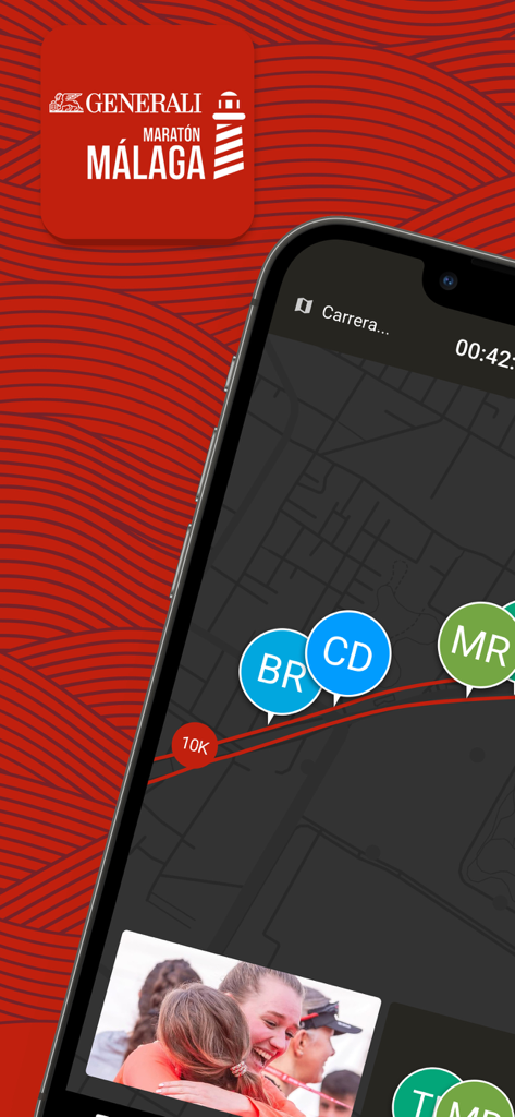 Mapa de seguimiento de corredores en vivo y fotos de la carrera en la interfaz de la aplicación Generali Maraton Malaga