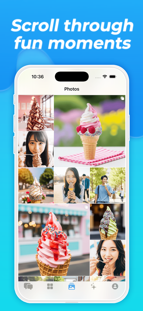A photo grid on a smartphone showing different soft serve ice cream flavors and people enjoying desserts