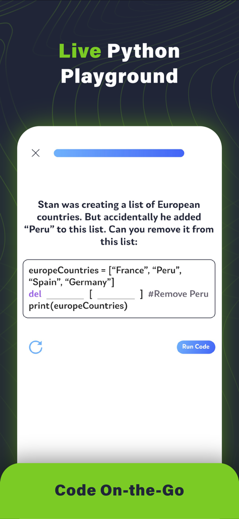 Learn Python Coding: Python X - コーディング演習とコード実行ボタンが表示されたPython Xライブプレイグラウンドのモバイル画面。