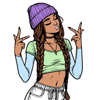 realistic teenage girl with braids and a beanie and crop top doing 🫶🏼