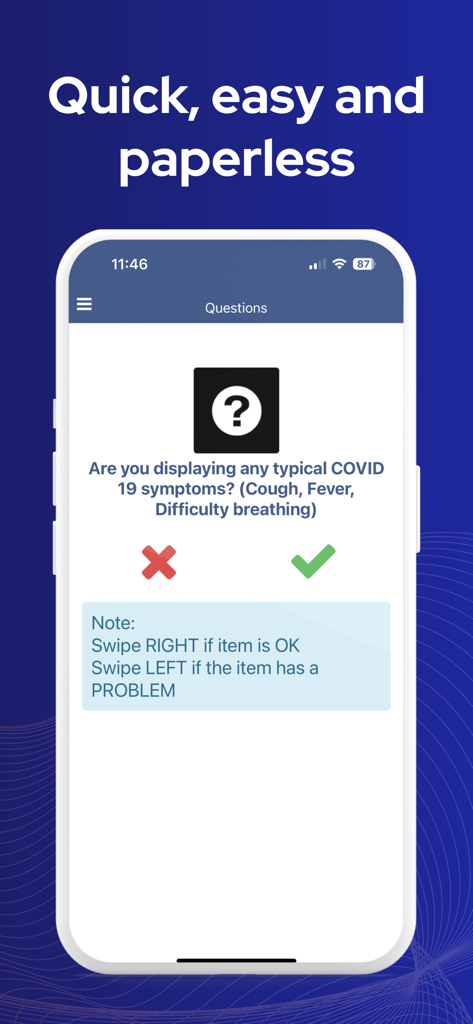 Transpoco Driver App-Bildschirm, der eine digitale Gesundheitsprüfung für Fahrer anzeigt.