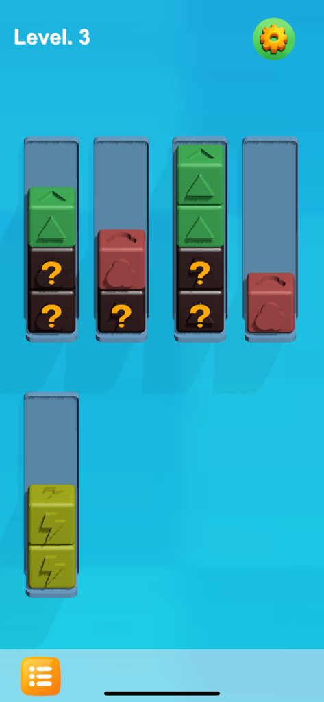 Resdnt:Box - Ein Screenshot des Resdnt Box Mobile Games, der Level 3 mit farbigen Blöcken und Symbolen zeigt, die in vertikale Spalten sortiert werden