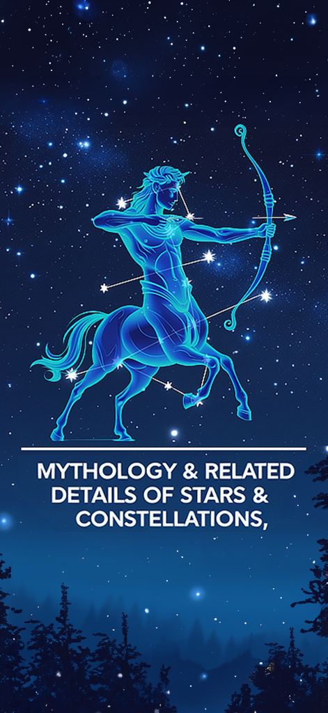 Glow illustration of Sagittarius constellation with mythology and star details in the night sky