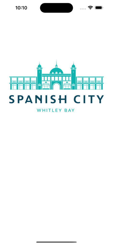 Logo do aplicativo Spanish City Whitley Bay com ilustração arquitetônica em verde-água da histórica cúpula
