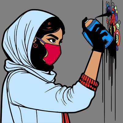 realistic girl with mask spray painting a wall