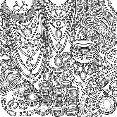 Dive into a world of luxury with this captivating coloring page featuring an abundant collection of gold jewelry. Unleash your artistic flair as you bring these intricate necklaces, rings, and bracelets to brilliant life.