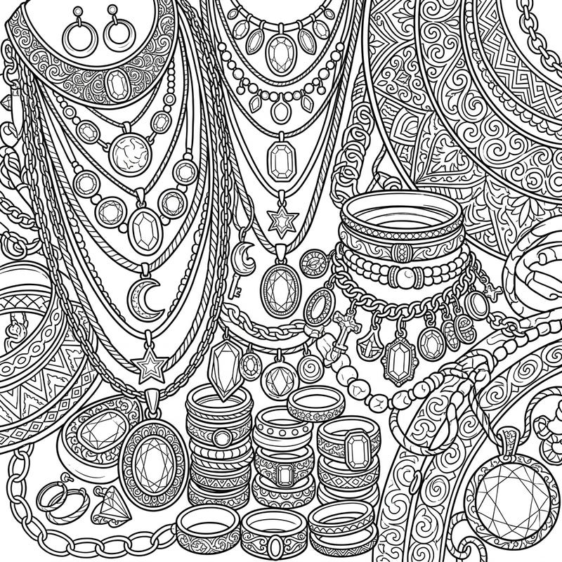 Dive into a world of luxury with this captivating coloring page featuring an abundant collection of gold jewelry. Unleash your artistic flair as you bring these intricate necklaces, rings, and bracelets to brilliant life.