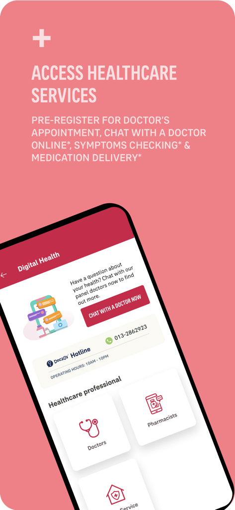 AIA Plus Malaysia app digital health interface showing options for online doctor consultations and healthcare appointments