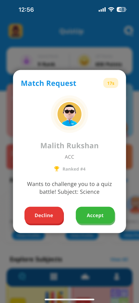 QuizUp - Sri Lanka - A match request pop up in the QuizUp Sri Lanka app showing a student challenging another to a real time Science quiz battle
