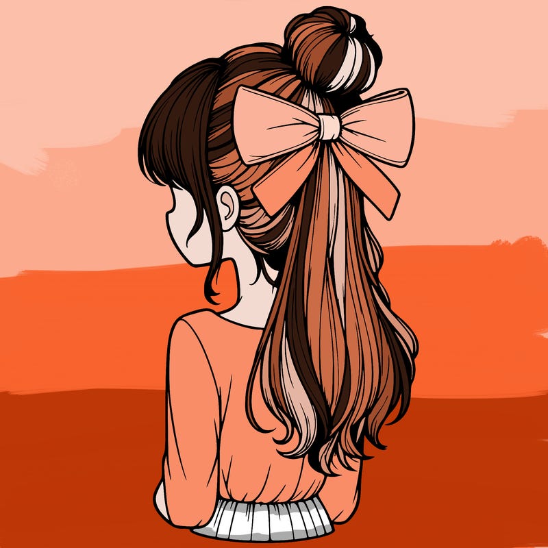 realistic girl  with hip length hair a bun and a big bow on the back of head