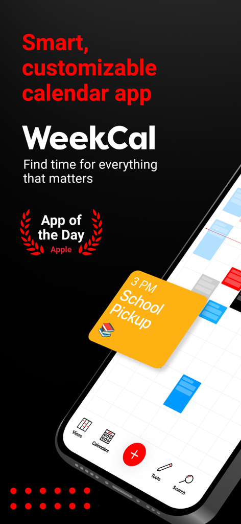 WeekCal intelligente und anpassbare Kalender-App-Oberfläche, die eine Erinnerung an die Abholung vom Schulunterricht zeigt