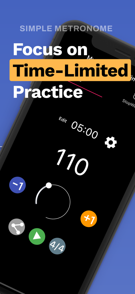 A smartphone screen displaying the My Metronome Timer app interface with a 5 minute timer and 110 BPM tempo setting for music practice
