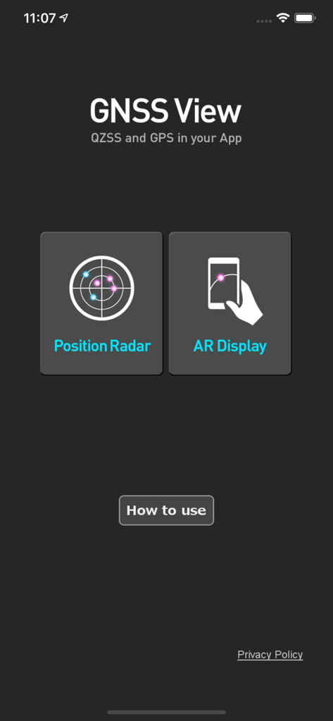 GNSS View mobile app home screen with buttons for Position Radar and AR Display