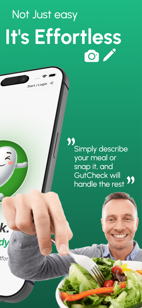 GutCheck: Smart Diet Tracker - Ein Mann isst einen Salat auf einem Werbebildschirm für GutCheck, der zeigt, wie man Mahlzeiten mühelos durch Fotografieren oder Beschreiben protokollieren kann