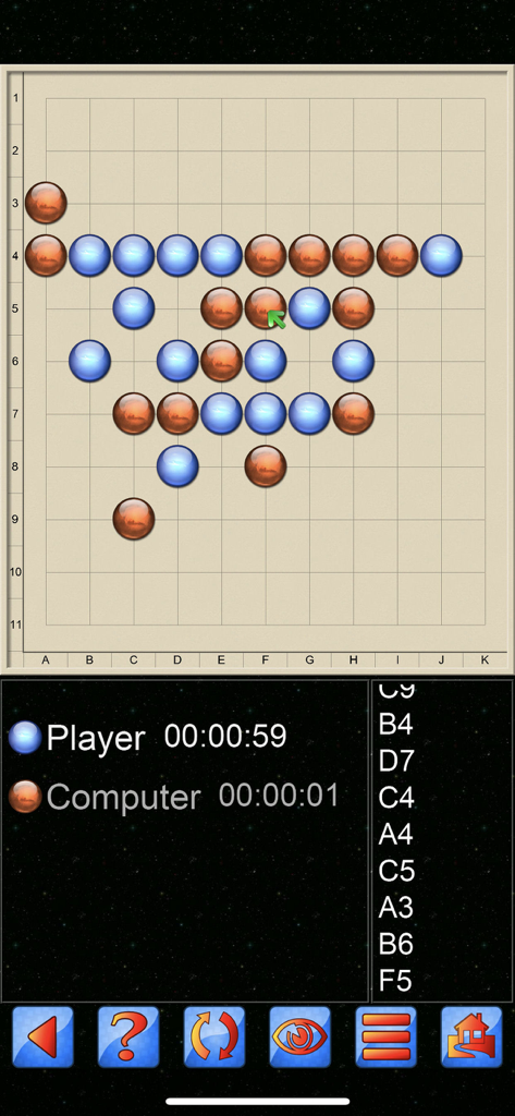 Gomoku V+, 5 in a line game. - Gomoku V plus gameplay showing a classic strategy board match with blue and orange pieces