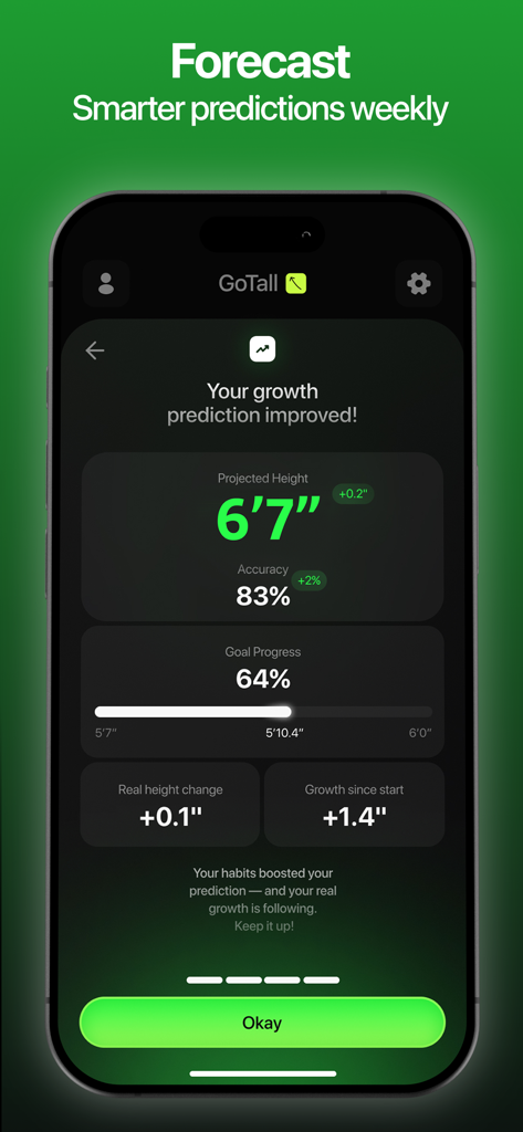 GoTall app screen showing a projected height of 6 feet 7 inches and growth progress statistics.