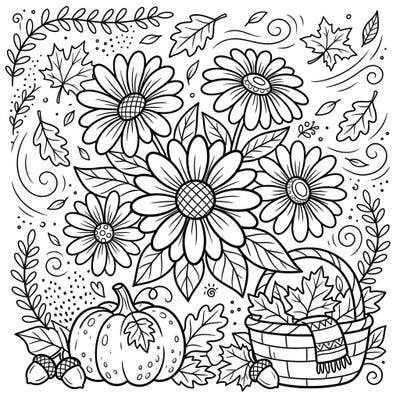Immerse yourself in the beauty of fall with this charming coloring page, showcasing cheerful daisies nestled among classic autumn elements. Discover the joy of coloring a picturesque scene filled with pumpkins, falling leaves, and cozy accents.