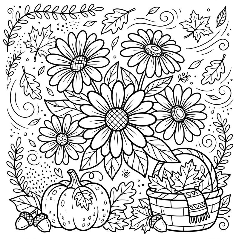 Immerse yourself in the beauty of fall with this charming coloring page, showcasing cheerful daisies nestled among classic autumn elements. Discover the joy of coloring a picturesque scene filled with pumpkins, falling leaves, and cozy accents.