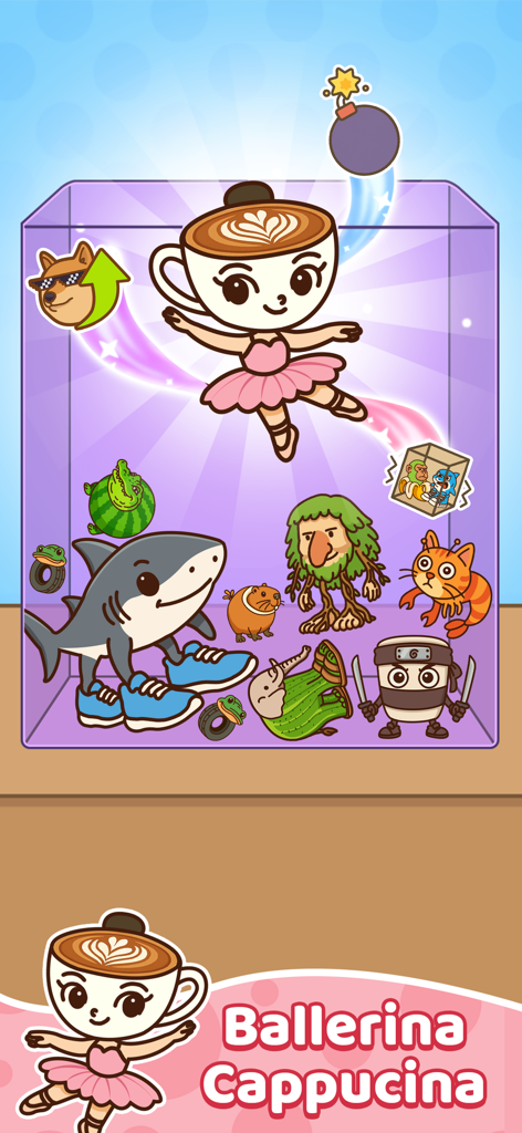 Italian Meme Game: Merge Drop - Ballerina Cappuccina character in the Italian Meme Game Merge Drop puzzle gameplay showing various meme creatures being merged in a container