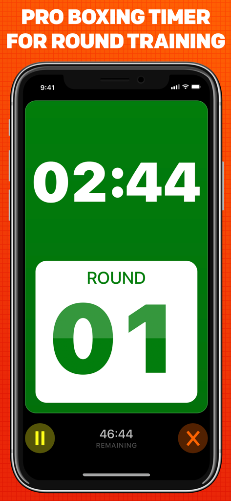 Boxing Timer Pro Round Timer - Boxing Timer Pro app interface showing a large green countdown timer for round one