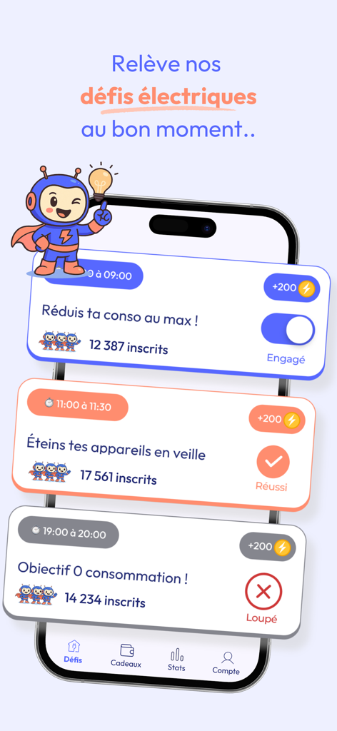 LibertéWatts, économie énergie - LibertéWatts app interface showing gamified electricity saving challenges and reward points.