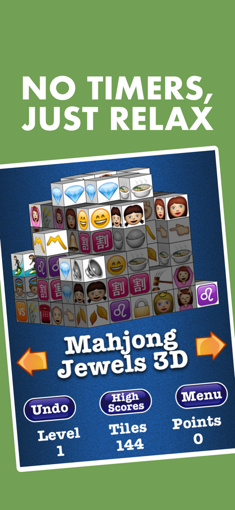 Captura de pantalla del juego de puzle Mahjong Jewels 3D con una pila 3D de fichas de emojis y un subtítulo que dice sin temporizadores solo relájate