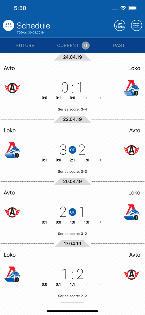 Mobile app screen showing junior hockey league game schedule and match scores