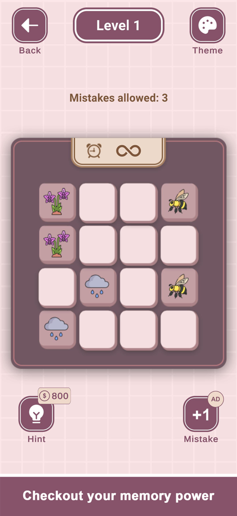 A memory matching game level showing a grid of tiles with icons of bees and flowers