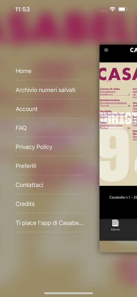 Casabella - Menu di navigazione dell'app della rivista di architettura Casabella che mostra opzioni per archivio e account