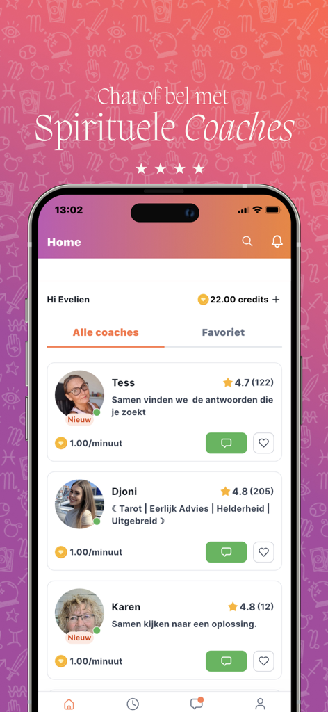 ParaVisie - ParaVisie mobile app home screen showing a list of spiritual coaches with ratings and chat options