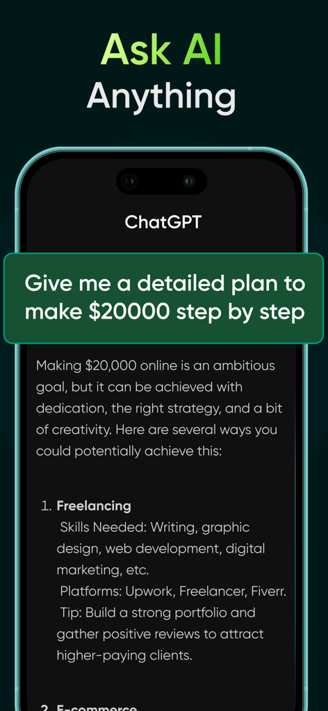 A mobile interface of Bernard AI providing a detailed step by step plan for making money online through freelancing
