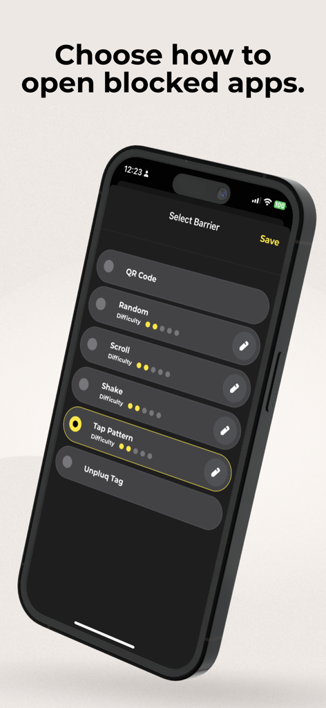 Interfaz de la aplicación Unpluq que muestra opciones para elegir barreras de distracción como códigos QR o patrones táctiles para desbloquear aplicaciones.