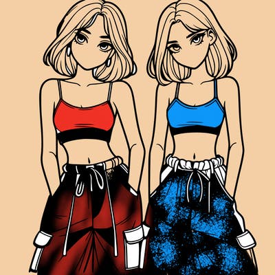 two girls with crop top with baggy pants