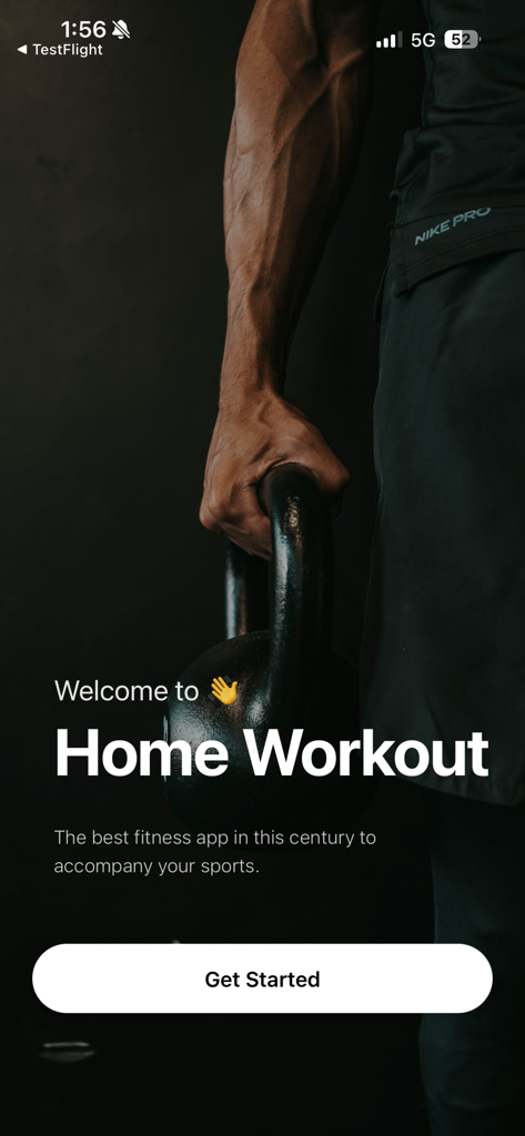 Home workout app: No Equipment - Pantalla de bienvenida de la aplicación de entrenamiento en casa para hombres con un brazo musculoso sosteniendo una pesa rusa