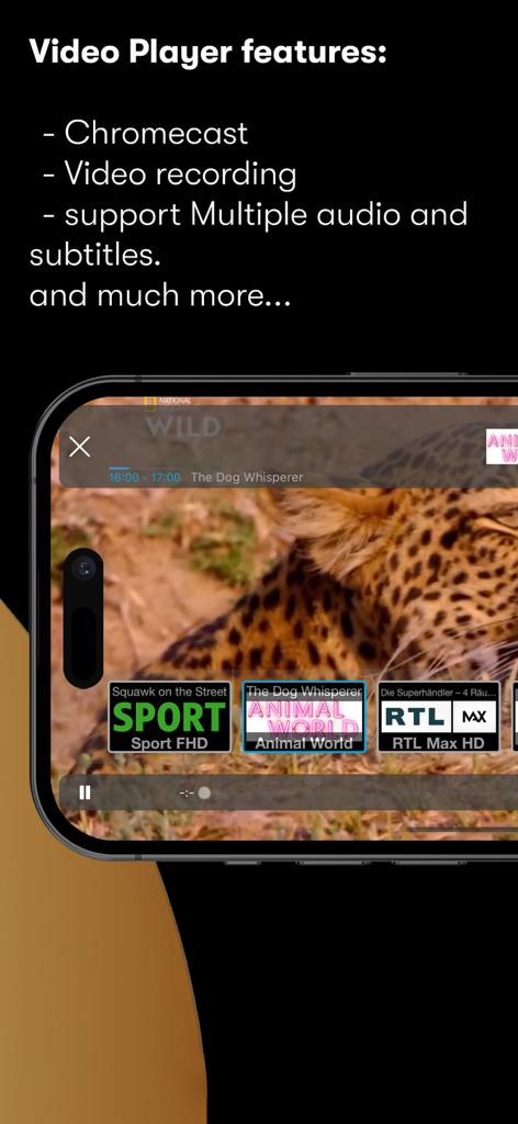 IPTV Streamer Max - A smartphone displaying the IPTV Streamer Max video player features including Chromecast and video recording with a live stream preview of a leopard.