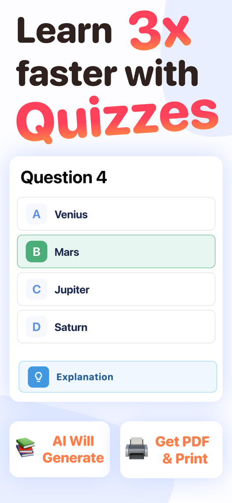 Quiz Maker : Learn With Tests - Interfaz de la aplicación Quiz Maker que muestra una pregunta de opción múltiple con opciones para la generación de pruebas con IA y la impresión de PDF