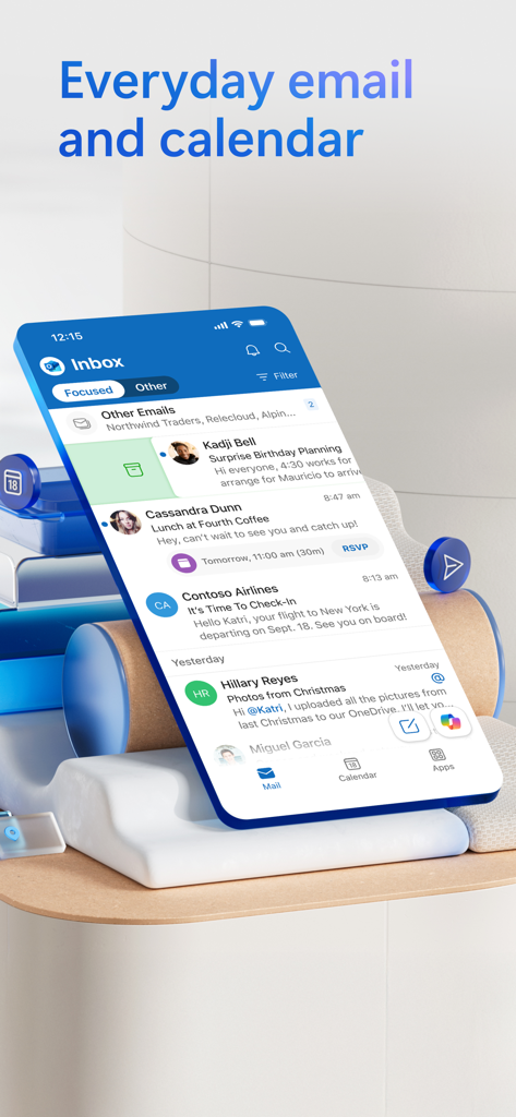 Microsoft Outlook app showing focused inbox and calendar integration on a smartphone screen