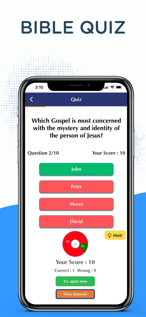 Smartphone che mostra una domanda di quiz a quiz biblici con opzioni a scelta multipla e punteggi utente