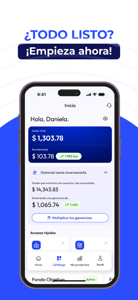 Investo - Investo app home screen displaying total balance and investment returns in Spanish
